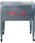 Front view of 80 Quart Galvanized Rolling Cooler With Bottle Opener, Party Ready Ice Cold Retro Coca Cola Style Outdoor Beverage Cooler