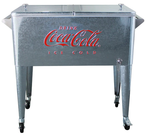Front view of 80 Quart Galvanized Rolling Cooler With Bottle Opener, Party Ready Ice Cold Retro Coca Cola Style Outdoor Beverage Cooler