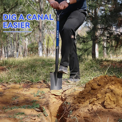 Person using Drain Spade Shovel With Fiberglass Handle Narrow Head Sharp Shooter Shovel For Precise Digging And Planting Heavy Duty 45 Inch Blue Shovel For Transplanting Trenching And Yard Work to dig in a grassy area.