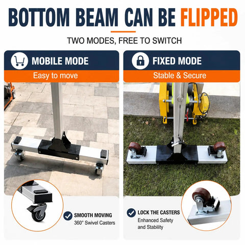 Portable Aluminum Gantry Crane With 4400 Lb Capacity Adjustable Height And Width Tuned For Low Ceilings showing mobile and fixed modes.