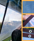 Clear Heavy Duty Tarp 8x10 Ft Waterproof With Grommets covering outdoor space with view, grommets and reinforced edges close-up