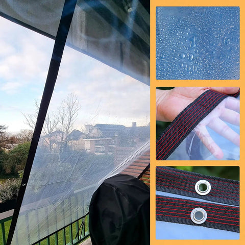 Clear Heavy Duty Tarp 8x10 Ft Waterproof With Grommets covering outdoor space with view, grommets and reinforced edges close-up