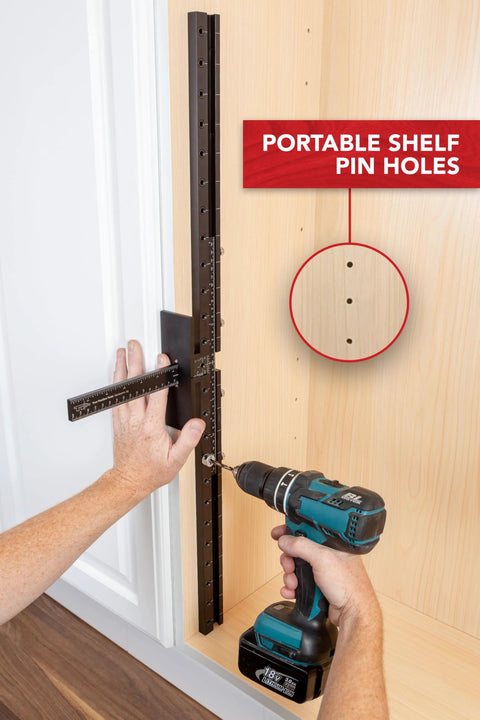 Long Pull and Rapid Center Combo Without Case being used as a portable 32mm shelf pin jig with 25 hole pattern in cabinet.