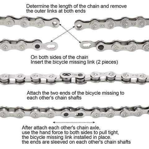 Pro Bike Chain Repair Kit With 2in1 Master Link Pliers And Chain Breaker Splitter For 6 To 10 Speed Chains Includes 6 Pairs Missing Links And Quick Links Professional Bicycle Tool Set Gray shown with instructions for inserting missing link and attaching chain