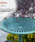 Pedestal Birdbath With Scrollwork In Aged Green For Outdoor Gardens And Patios 28 Inch Tall Shallow Bowl Ideal For Multiple Small Birds