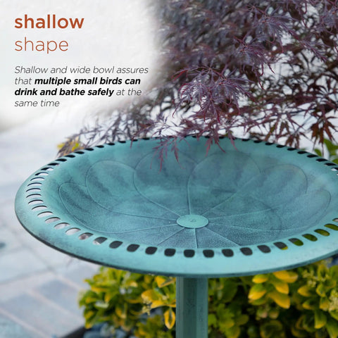 Pedestal Birdbath With Scrollwork In Aged Green For Outdoor Gardens And Patios 28 Inch Tall Shallow Bowl Ideal For Multiple Small Birds