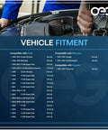 Mechanic working under hood, vehicle fitment chart for Ford, Mercury, Lincoln. Models include 1996-2004 Super Duty, Mustang.