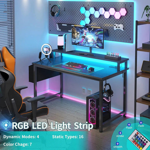 40 Inch Black Gaming Desk With LED Lights And Built In Power Outlets USB Ports Monitor Stand And Charging Station setup