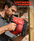 Built Tough 18 Gauge Cordless Brad Nailer And 2 In 1 Electric Stapler For Milwaukee 18V Batteries held by a man against wood.