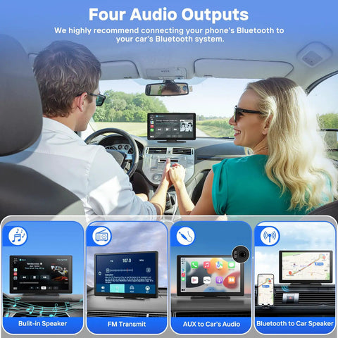 Couple using 9 Inch Wireless CarPlay Screen For Car With 4K Dash Cam And 1080p Backup Camera DVR showing audio output options