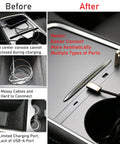 Comparison of before and after using High Speed Car USB Hub Charger for Center Console With Retractable Cables and Docking Station in car.