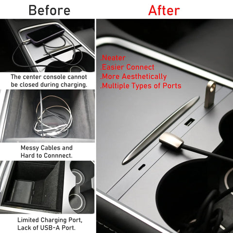 Comparison of before and after using High Speed Car USB Hub Charger for Center Console With Retractable Cables and Docking Station in car.