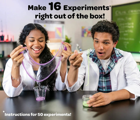 Kids exploring slime experiment with Color Chemistry Kit With 50 Experiments For Kids STEM Science Toy For Boys And Girls Ages 7 8 9.