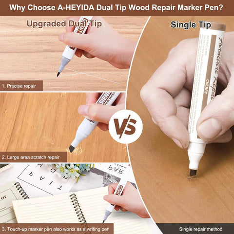 A-HEYIDA Dual Tip Wood Repair Marker Pen for precise scratches, shown in use on wood surface for restoration.