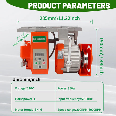 Dimensions and specs of Heavy Duty 750W 110V AC Industrial Sewing Machine Servo Motor Kit with Controller and Foot Pedal.