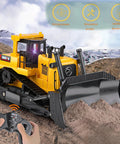 Proportional One Sixteenth Scale RC Bulldozer Toy With Four Wheel Drive Front Loader Metal Shovel Working Lights in action
