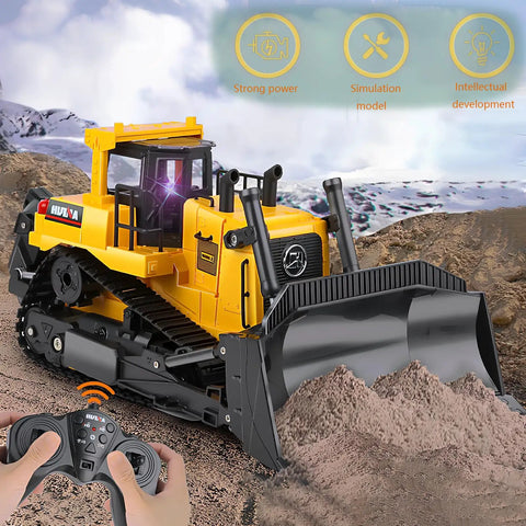 Proportional One Sixteenth Scale RC Bulldozer Toy With Four Wheel Drive Front Loader Metal Shovel Working Lights in action