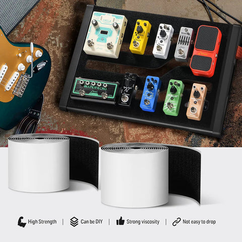 Guitar Pedalboard Mounting Tape 2M Long By 50mm Wide With Hook And Loop, pedals arranged on a board and tape rolls shown.