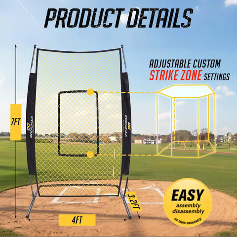Beefed Up 7x4 Foot Baseball Pitching Screen With Home Plate And Pitcher Plate, Heavy Duty 600D Tear Resistant, on field.