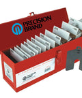 Stainless Steel Slotted Shim Set Full Assortment Size A 2 By 2 Inches Pack Of 260 With 20 Each Of 13 Thicknesses From 0.001 To 0.125 Inches 300 Series Rust Resistant Pro Grade in a red box