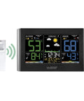 Smart Weather Station With Custom Alerts And Wireless Outdoor Sensor displaying temperature, humidity, and forecast icons.