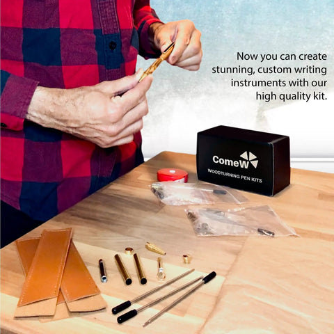 Man assembling 10 Pack Silver Twist Slimline Woodturning Pen Kit Set With Black Ink, parts and box on table.