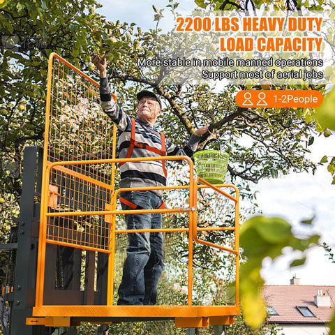 Heavy Hitter Forklift Safety Cage And Man Basket Tough Two Person Work Platform Features 1800 Lb Capacity, worker using man basket in tree.