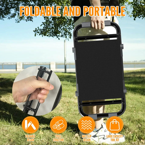 Person holding Garden Kneeler And Seat With Wider Thick Pad, Heavy Duty Gardening Stool With Tool Pouch And Bag folded in hand
