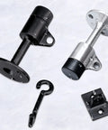 Heavy Duty Stainless Steel Door Stopper With Hook And Rubber Bumper, Wall And Floor Mount Door Holder Quiet Dampening Stop, Rustproof And Durable Barrier To Prevent Collisions, Easy Install With Free Screws Included; shown are two units in black and silver with hooks and mounts.
