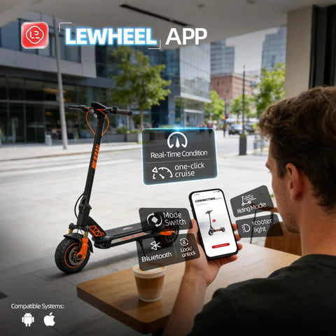 Man using app to connect with Dual Motor 1600W Electric Scooter For Adults, 1152Wh Battery, Off Road Self Sealing Tires shown nearby