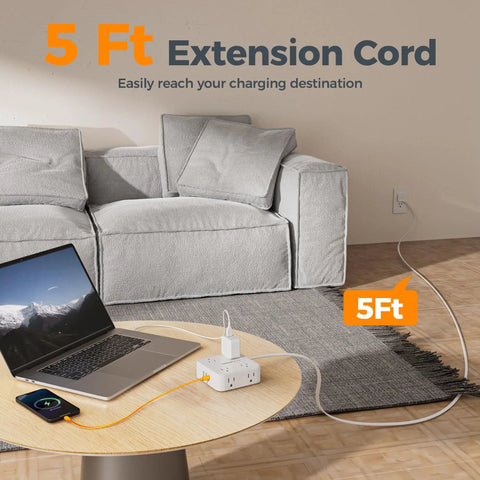 Surge Protector Power Strip With 8 Outlets And 3 USB Ports Including USB C 5 Ft Flat Plug in living room setup