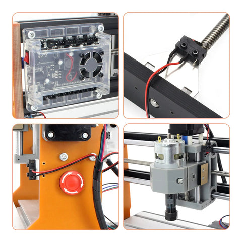 Close-up views of the Upgraded 3018 Pro CNC Router Kit For Wood And Plastic 3 Axis GRBL showing components and controls.