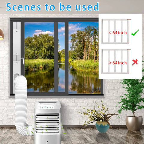 Portable Air Conditioner Window Vent Kit With 5.9 Inch Exhaust Hose 59 Inch Length Adjustable Window Seal For Horizontal And Vertical Installations Universal Fit Easy No Sweat Setup For Most Units installed in sliding window next to portable AC unit.