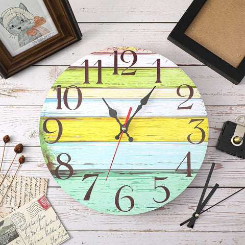 DIY Clock Repair Kit With Four High Torque Long Shaft Movements, beach-themed wall clock with colorful wooden planks design.