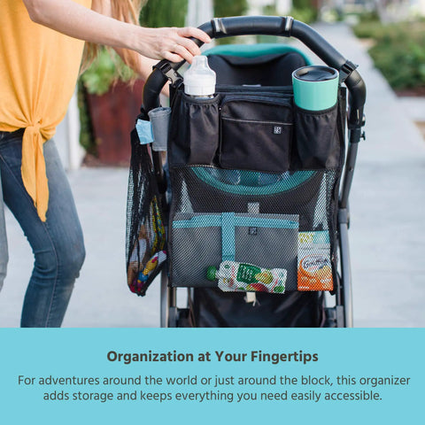 Cups N Cargo Universal Stroller Caddy Organizer with cup holders and mesh storage bag on a stroller in use