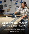 Person using Heavy Duty Straight Edge Guide XL 98 Inch Circular Saw Rail on wood in workshop for straight cuts.