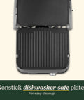 Cuisinart Griddler FIVE Electric Grill With Panini Press showing nonstick dishwasher-safe plates for easy cleanup.
