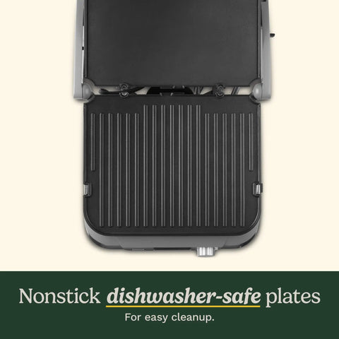 Cuisinart Griddler FIVE Electric Grill With Panini Press showing nonstick dishwasher-safe plates for easy cleanup.