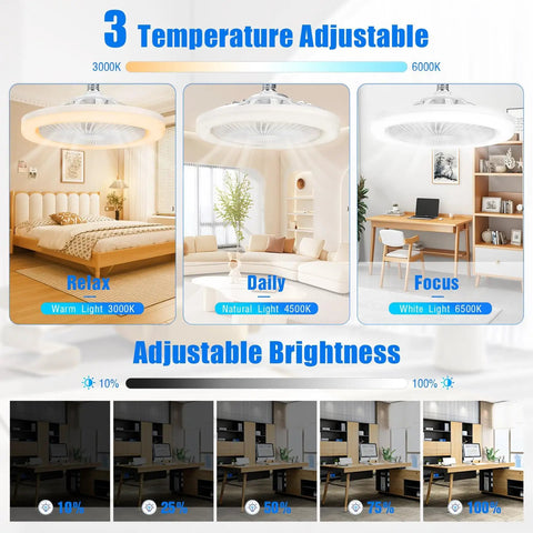 Socket Fan Light With Remote 10 Inch Ceiling Fan With Lights 2000 Lumens Dimmable LED Bulb Three Color Temperatures 3000K To 6500K