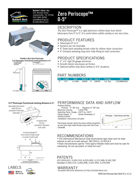 Saf-T-Duct Zero Dryer Vent Periscope For Tight Spaces, Adjustable Zero To Five Inch Length, Aluminum Construction detailed spec sheet
