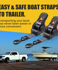 Heavy Duty Retractable Ratchet Straps 2 Inch By 6 Foot Bolt On Boat Transom Tie Down Straps For Trailer 3300 Lbs Break Strength And 1100 Lbs Working Load Limit Jet Ski Motorcycle ATV on display with boat and truck in background