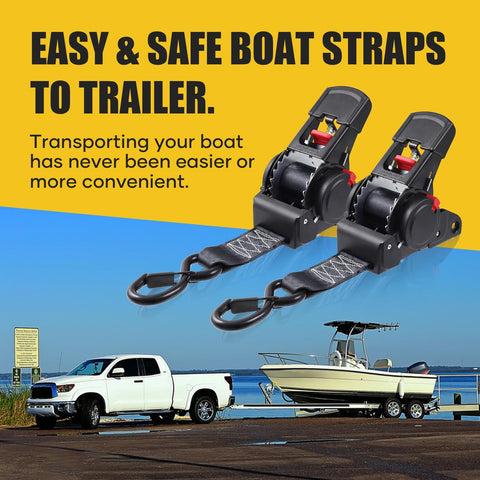 Heavy Duty Retractable Ratchet Straps 2 Inch By 6 Foot Bolt On Boat Transom Tie Down Straps For Trailer 3300 Lbs Break Strength And 1100 Lbs Working Load Limit Jet Ski Motorcycle ATV on display with boat and truck in background