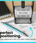 Top Shelf Heavy Duty Self Inking Date Stamp Black Customizable Up To Four Lines Of Text on an invoice with a pen.