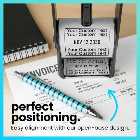 Top Shelf Heavy Duty Self Inking Date Stamp Black Customizable Up To Four Lines Of Text on an invoice with a pen.