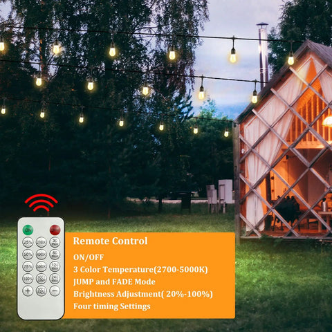 Solar String Lights Outdoor 100ft 2x50ft With Dimmable Remote Three Color In One 2700K 4000K 5000K Edison Bulbs strung in backyard