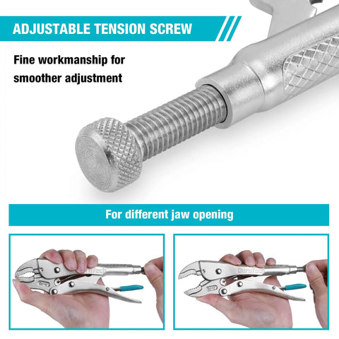 Close-up of adjustable tension screw on 7 Inch Locking Pliers With Curved Jaw And Wire Cutter, Premium Cr-V Steel For Tough Clamping, Twisting, And Welding Jobs, Heavy Duty Locking Pliers Tool For Pros And DIYers