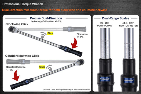 Half-Inch Drive Dual Direction Click Torque Wrench, 25-250 Ft-Lb Range, showing clockwise and counterclockwise scales