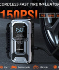6000A Jump Starter With Air Compressor And 150 PSI Tire Inflator next to car tire, cordless design.