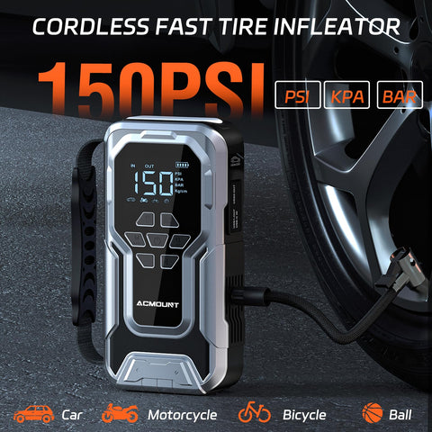 6000A Jump Starter With Air Compressor And 150 PSI Tire Inflator next to car tire, cordless design.