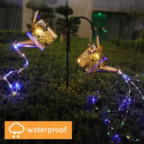 2 Pack Solar Watering Cans With Cascading Lights, metal retro waterproof hanging lanterns with daisy pattern in rain